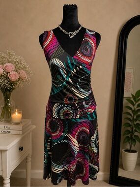 Isle Apparel abstract wrap dress pink black blue ruched sleeveless size S Y2K